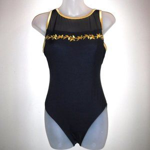 Vtg 80s Sea Fair Swimwear Black Gold Embroidered Mesh High Neck Swim Suit sz 12